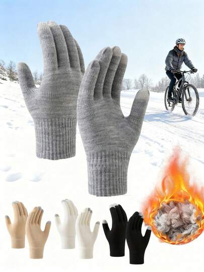 1 par stickade vinterhandskar, varma pekskärmshandskar, mjuka ullfodrade tjocka handskar, lämpliga för cykling, skidåkning, fiske, vandring och andra utomhussporter
