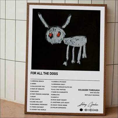 1 st stor oramad canvastavla - livfull modern konstdekor, lämplig för sovrum, vardagsrum, hemmakontor - Drakes "For All The Dogs" albumomslag, väggdekor inomhus/utomhus, perfekt present till musikälskare, väggmålning