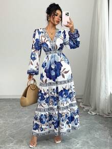 Women's Maxi Dress With A Floral Print, A-Line Silhouette Fitted At The Waist, And Puff Sleeves. This Dress Is Elegant And Romantic, Perfect For Dates, Vacations, Holidays, And Other Occasions. - 藍色 - 查看 4