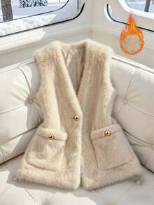 New French-Style Women's Fashionable & Elegant Sleeveless Faux Fur Vest For Autumn And Winter, With Single-Button Design, Pockets And Crew Neck