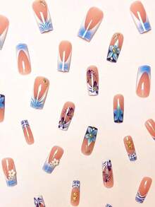 24pcs/Set Y2K Chic Style Sweet Blue Flower French Gradient Ripple 3D White Flower Delicate Gold Starfish Shell Decor Medium Length Press-On Nails, Suitable For Girls/Women For Daily Wear, Summer Beach, Autumn/Winter Nail Supplies - Nhiều màu 2 - Xem 4
