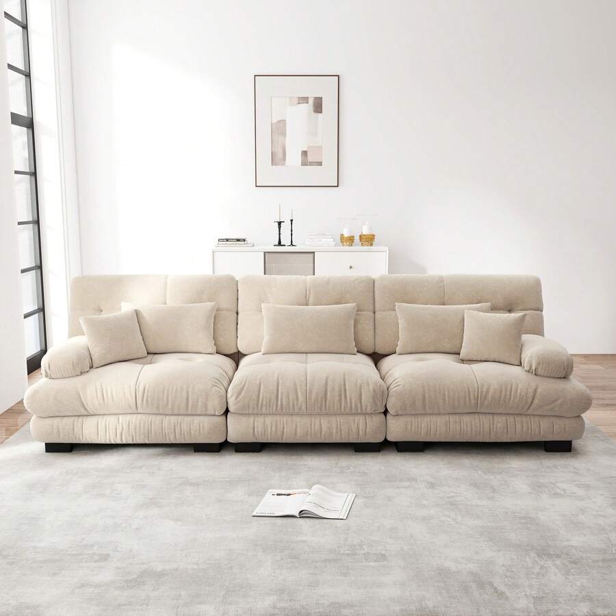 3 Seater Modular Corner Sofa With Deep Seat, Comfortable Upholstered Chenille Sofa Bed For Living Room, Apartment, Studio, Office, Light Brown Chenille - 米色 - 查看 1