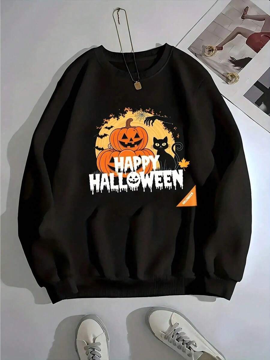 Halloween Graphic Sweatshirt - , Pullover With "Ghost/Halloween Pumpkin" Print, Nightmare Before Christmas Sweatshirts For Women Streetwear Printed Graphic Hoodie Comfortable And Fashionable, Casual And Versatile, A New Top For Young /Adolescent Girls/Sweatshirts For Women In The Autumn And Winter Series. - Black - View 1