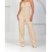 Macacão Jeans feminino tomara Que Caia Jardineira - Bege - Visão 2