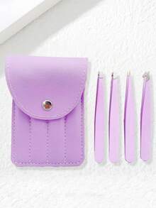 Juego de 4 pinzas depiladoras con estuche - Herramientas de belleza profesionales de acero inoxidable para un depilado sin dolor, kit de arreglo completo para el rostro, cejas y vello facial, esencial para viajes y necesidad en salones