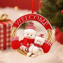 Adornos colgantes navideños: Corona navideña festiva y creativa con diseño de Papá Noel, muñeco de nieve y alce, ideal para decorar fiestas en casa. - Blanco - Ver 4