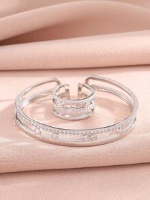 rakol 2pcs Shiny Minimalist Gold-Color Circular Bangle & Ring Set, Suitable For Daily Wear, Women Gifts - Style 3 - View 1