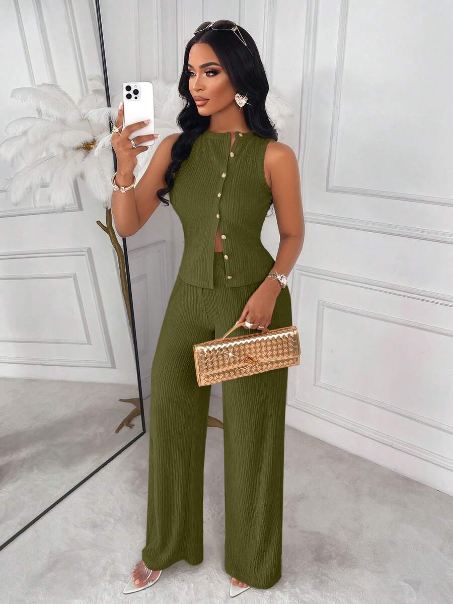 AIJ Amarilo Striped Sleeveless Top And Straight Leg Pants 2 Pieces Suit, Elegant Business Casual, Latest Spring/Summer Women's Chic Set - Green - View 1