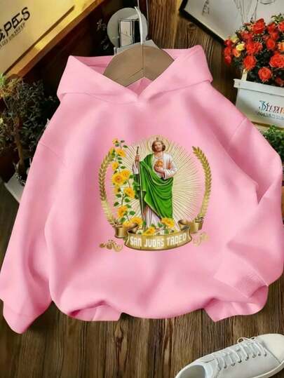 Sudadera hoodie dama mujer capucha cordón manga larga bolsa canguro suave puños rib acanalados casual aesthetic casa diario frío moderna juvenil cómoda calientita estampado sn judas san juditas tadeo