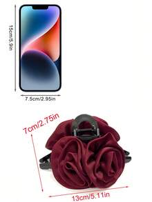 1个女士黑色缎面光泽质感褶皱超大玫瑰造型发爪夹，适合优雅甜美的校园风、派对、舞会和外出造型，情人节礼物，发饰，发爪夹，发夹，发夹，秋冬季度假必备发夹，女士花朵发夹，情人节礼物，夏季海滩度假必备发夹 - 酒紅色 - 查看 3