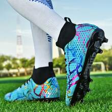 足球鞋，男女通用碎钉足球训练鞋，低帮户外团队运动鞋，适用于人造草坪、硬地及室内训练场。专业大码足球鞋，前系带防滑耐磨橡胶鞋底，AG钉足球鞋，轻质高性能防滑设计专业足球鞋。 - 藍色 - 查看 4