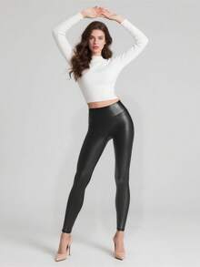 Faux Leather Leggings For Women Tummy Control Dressy Leggings High Waisted Pleather Pants Disco Outfits - 黑色 - 查看 4