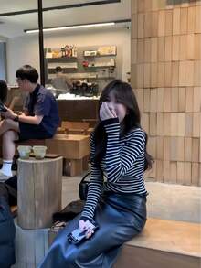 Korean Style Elegant Striped Long Sleeve Round Neck Versatile Fitted Pullover Sweater For Women, Autumn/Winter