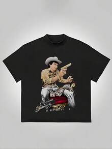 Black T - Shirt With ,Comfortable Casual Short Sleeve, 220 Grams Heavyweight Cotton Printed T-Shirt - Black - View 1