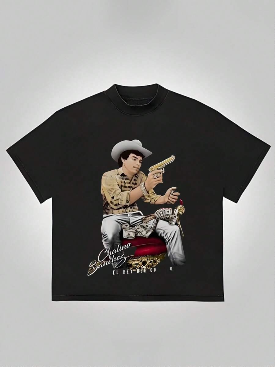 Black T - Shirt With ,Comfortable Casual Short Sleeve, 220 Grams Heavyweight Cotton Printed T-Shirt - Black - View 1