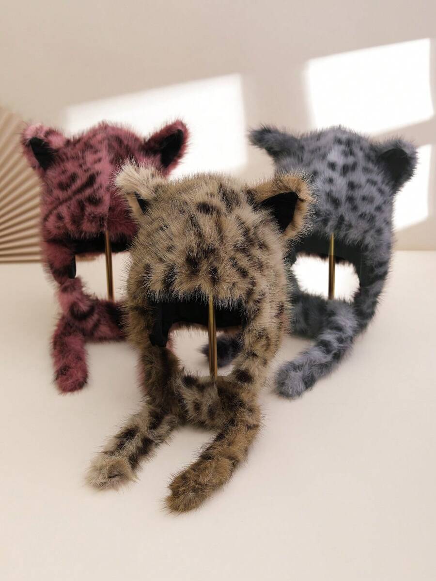 1pc Women's Leopard Print Faux Fur Ear Design Warm Windproof Earmuffs, Fashionable, Cute, Fun, Suitable For Daily, Casual, Party, Ideal Gift, Autumn/Winter