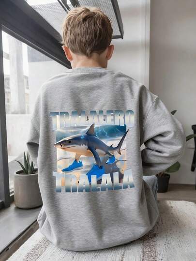 Tween Boys Casual Ocean Style Shark Pattern Round Neck Long Sleeve Sweatshirt Autumn And Winter Student Boys Clothes