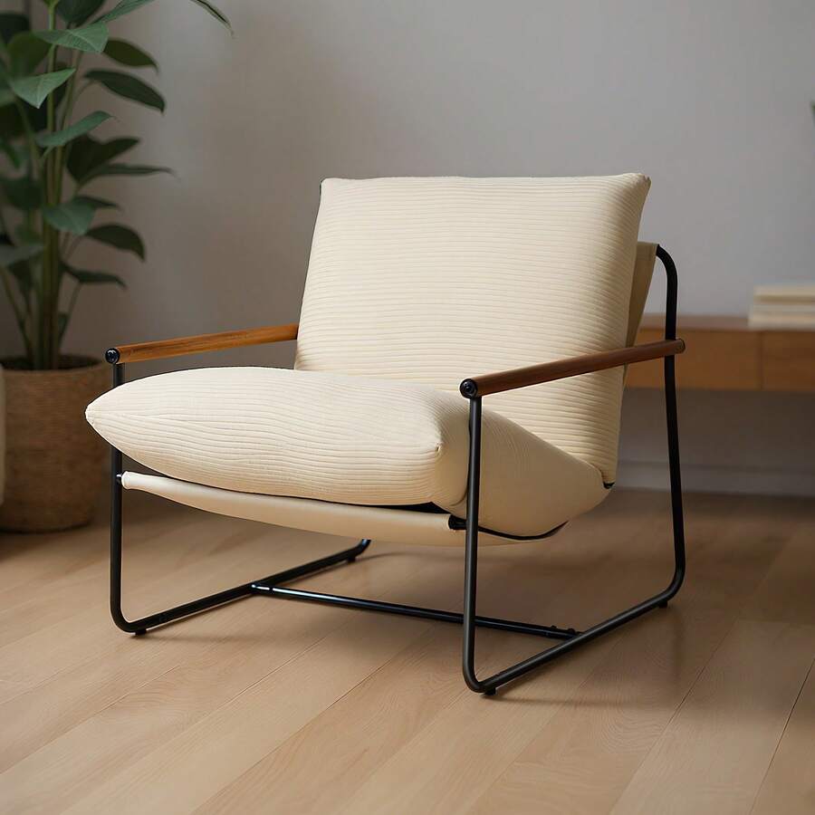 Accent Chair, Metal Framed Chair With Wooden Armrests, Modern Cozy Upholstered Armchair, With Soft Foam Cushioning, Detachable Cushion, For Living Room, Bedroom, Reading Room, Office, Beige - 米色 - 查看 1