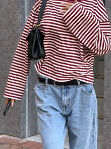 Striped Contrast Ribbed Casual Loose Raglan Top