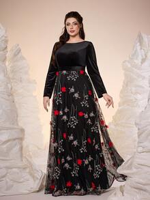 魔幻，新品上市，刺绣，圆领，优雅，大码舞会礼服，撞色蕾丝，荷叶边，长袖，天鹅绒，雪纺，适合，舞会、婚礼、派对、婚礼宾客、晚礼服，秋冬 - 黑色 - 查看 3