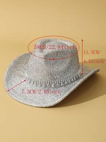 1 件男女通用亮片纯色波西米亚牛仔帽牛仔帽沙滩帽巴拿马帽太阳帽爵士帽软毡帽软呢帽户外 - 銀色 - 查看 4