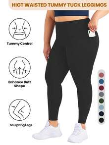 Plus Size Solid High Waist Multi-Pocket Yoga Leggings - Tummy Control & Butt Lifting - Soft Breathable High Stretch - Women Fitness Yoga Pants - Black - View 4