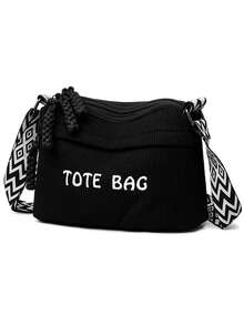 Women's Fashion Corduroy Material Letter Print Multi-Compartment Multi-Zipper Shoulder Bag, Convenient Lightweight Travel Bag With Multiple Pockets For Shopping Or Travel - Black - View 6