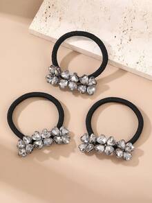 1pc/3pcs Women's Fashion Elegant Silver Rhinestone Four-Leaf Clover Hair Scrunchies, Suitable For Daily Wear, Spring/Summer, Party Outfit - Multicolor - View 2