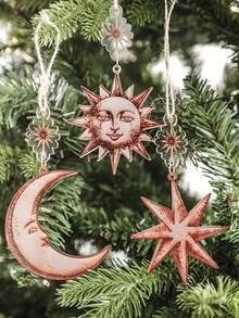 3pcs Vintage Sun, Moon, Star & Christmas Tree Decor, Bohemian Gothic Witch Aesthetic Christmas Decoration, Retro Sun Face, Crescent Moon, Star Ornaments, Suitable For Solstice, Holiday Parties, Home, Bedroom, Living Room, Office, Seasonal Decor (Please Remove Protective Film Before Use, Acrylic Material, Not Glass) - Multicolor - View 10