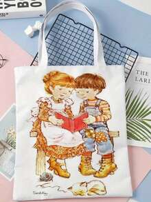 Bolso de tela con impresión de niña de dibujos animados vintage a doble cara, bolso de compras con estampado de flores, estilo bohemio y académico, ideal para regalos de Otoño, Acción de Gracias y Pascua, adecuado para uso diario, picnics, vacaciones en la playa, trabajo y escuela, 16in*14in
