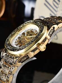 LONGLUX 1pc Men's Hollow Automatic Mechanical Movement Engraved Retro Numeric Scale Waterproof Watch - Multicolor - View 4