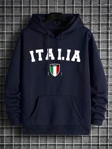 男士宽松口袋连帽卫衣，意式风格，秋冬季长袖上衣 - 藏蓝色 - 查看 4