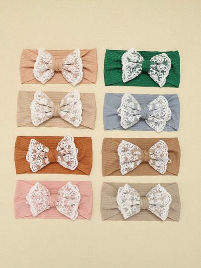 1 pieza Diadema de bebé de punto a rayas de otoño/invierno, diadema infantil con lazo bordado de flores de encaje, accesorios para el cabello de princesa lindos y dulces para niñas