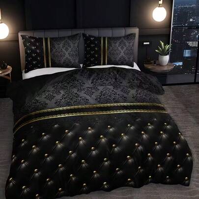 3pcs Luxury Black & Gold Jacquard Textured Pattern Bedding Set, Includes 1 Duvet Cover & 2 Pillow Shams (Comforter Not Included), Suitable For Bedroom & Guest Room, Available In Multiple Sizes, 100% Polyester Fabric, Machine Washable