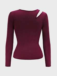 QIANZHIDU 极简主义纯色针织面料不对称/不规则扭纹荷叶边镂空长袖女式上衣,不对称领口金属装饰设计,透气亲肤褶皱面料荷叶边装饰腰部收紧/褶皱女式套头衫,适合夜间约会、度假、学校、度假村、办公室、日常、生日派对、约会、单身派对、旅行、茶会、机场装、秋冬汗衫 - 酒紅色 - 查看 5