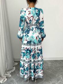 Women's Long Dress With A Floral Print, A-Line Cut, Fitted At The Waist, And Puff Sleeves. This Dress Is Elegant And Romantic, Perfect For Dates, Vacations, Holidays, And Other Occasions. - 綠色 - 查看 2