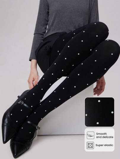 Plus Size Women's Autumn Black Polka Dot Elastic Skinny Tights, Fashionable Anti-Pilling, High Waist, Suitable For Casual Daily Wear, Paired With In Autumn, Cozy