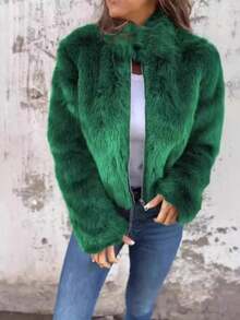 Large Size, Large Size Women's Winter Short-Sleeved Zipper Jacket With Artificial Fur Collar - A Thick And Soft Coat With Loose Long Sleeves In Red/Black Color, Machine Washable And Warm, Suitable For Both Casual And Formal Occasions (Suitable For All Seasons), Women's Winter Jacket, Christmas Gift - Green - View 3