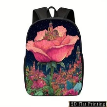 1PC Colorful Single-Sided Printed Student Backpack Pink Rose Print Starry Sky City Landscape Hand Washable Backpack Personalized Zipper Multi-Use Shoulder Strap Back And Waist Protection Design Backpack, Fashionable IPad Laptop Backpack, Large Space, Multi-Category Compartments Full Print Body, Handheld Design With Adjustable Shoulder Straps, Elastic Pockets On Both Sides Of The Backpack, Suitable For Men And Women For Campus, Travel, Outdoor, Sports Lightweight Backpack - Mix - View 10
