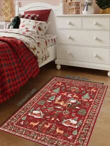 1 Pc Christmas Tree And Santa & Reindeer Beige Carpet, Non-Skid And Washable, Very Suitable For Living Room, Bedroom, Hallway, Indoor And Outdoor Use, Easy Home Christmas Decoration And Room Decoration