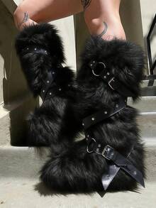 2025 Winter Knee High Boots Pull-On Faux Fur Boots Furry Fluffy Round Toe Strap Boots For Women Suede Comfy Plush Warm Outdoor Indoor Flat Shoes Punk Party Dressy Women EdgyElongate Winter Autumn Fall Christmas Boots - 黑色 - 查看 1