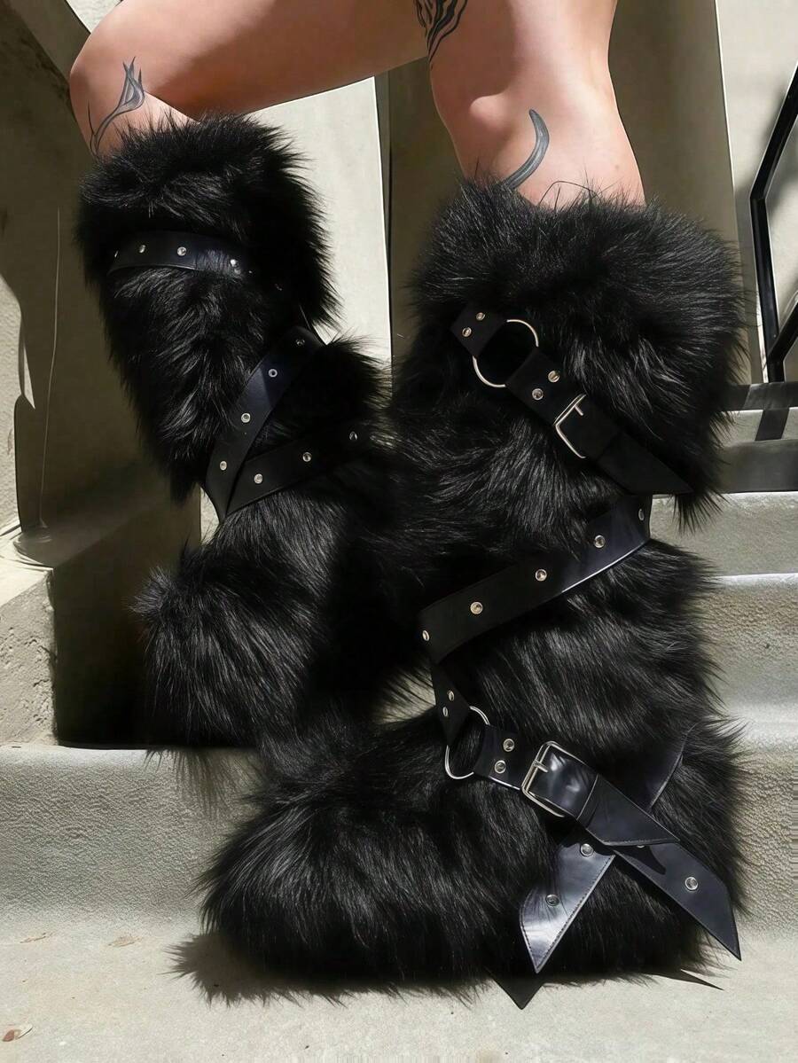 2025 Winter Knee High Boots Pull-On Faux Fur Boots Furry Fluffy Round Toe Strap Boots For Women Suede Comfy Plush Warm Outdoor Indoor Flat Shoes Punk Party Dressy Women EdgyElongate Winter Autumn Fall Christmas Boots - 黑色 - 查看 1