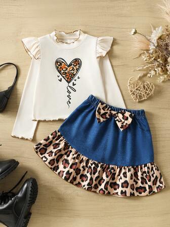 2pcs/Set Girls Cap Sleeve Heart Print Long Sleeve T-Shirt And Leopard Patchwork Skirt Set, Autumn/Winter