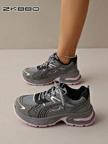ZKBBO Women's Casual Chunky Sneakers, Thick Sole Comfortable Outdoor Walking Shoes, Round Toe Lace-Up - Grey - View 3