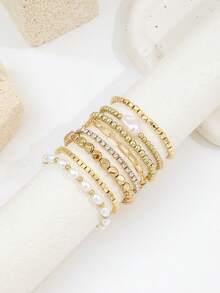 Bộ 8 vòng tay ngọc trai giả Baroque bất đối xứng cổ điển, vòng tay xích CCB vuông bất đối xứng dành cho nữ - Vàng - Xem 2