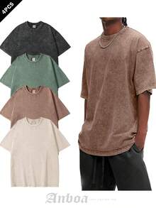 Anboa 4-Pack Men's Vintage Washed Oversized T-Shirts, Heavyweight Cotton Casual Tee Set - BeigeCoffeeGreenBlack杏桃卡綠黑 - 查看 1