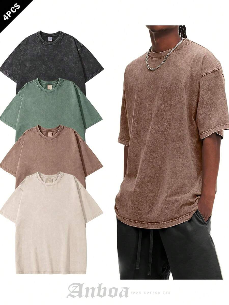Anboa 4-Pack Men's Vintage Washed Oversized T-Shirts, Heavyweight Cotton Casual Tee Set - BeigeCoffeeGreenBlack杏桃卡綠黑 - 查看 1