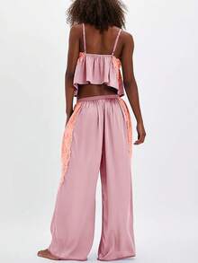 Women's Y2K Lace Patchwork Pajama Sets Spaghetti Strap Ruffled Babydoll Flowy Cami Tank Tops With Wide Leg Pants Summer Fall 2Pcs Soft Sleepwear Loungewear - Hồng - Xem 2