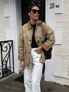 Autumn Winter Women's Single-Breasted Padded Jacket With Lapel Collar, Long Sleeve Pockets Loose Coat