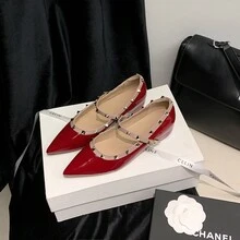 Sheepskin Red Pointed Toe Low Heel Single Shoes Spring And Autumn Internal Height Increase Shallow Mouth Rivet Shoes - Black (4.5 Cm) - View 5